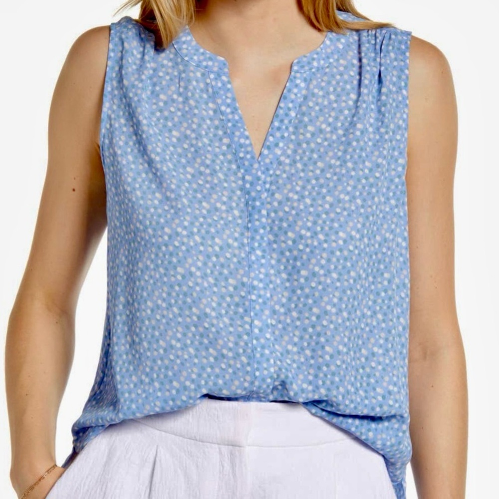 NYDJ Print Pleat Back Sleeveless Split Neck Polka-dot  Blouse - Size M